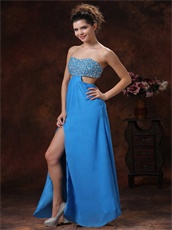 Azure Beaded Decorate Expose Waist Long Split Prom Dress Sexy