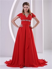 Red V-neck Cap Sleeves Design Chiffon Prom Gowns For Engagement Supplier