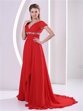 Red V-neck Cap Sleeves Design Chiffon Prom Gowns For Engagement Supplier