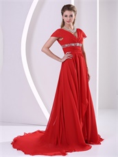 Red V-neck Cap Sleeves Design Chiffon Prom Gowns For Engagement Supplier