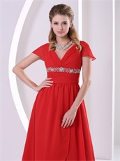 Red V-neck Cap Sleeves Design Chiffon Prom Gowns For Engagement Supplier