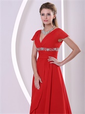 Red V-neck Cap Sleeves Design Chiffon Prom Gowns For Engagement Supplier