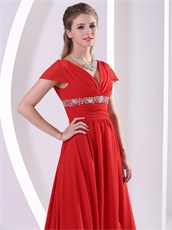 Red V-neck Cap Sleeves Design Chiffon Prom Gowns For Engagement Supplier