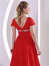 Red V-neck Cap Sleeves Design Chiffon Prom Gowns For Engagement Supplier