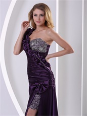 Dark Purple One Shoulder Shirred Bodice Night Club Dress Show Leg Flattering