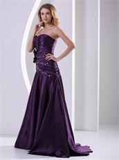 Eggplant Purple Slender A-line Dignified Evening Dress With Hand Made Flowers