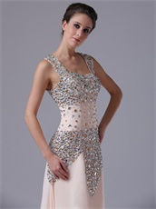 Champagne Fully Crystals Sheath Square Pageant Prom Dress For Mature Lady