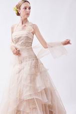 Pretty Halter Cascade Skirt Antique White Formal Dress With Shawl