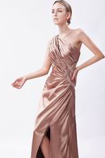 One Shoulder Beaded Side Split Rose Brown Evening Dress