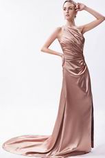 One Shoulder Beaded Side Split Rose Brown Evening Dress