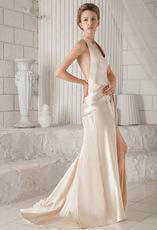 Halter Backless Champagne Satin Prom Dress With High Side Split