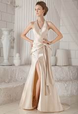 Halter Backless Champagne Satin Prom Dress With High Side Split