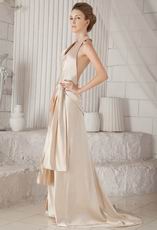 Halter Backless Champagne Satin Prom Dress With High Side Split