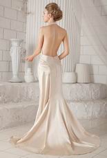 Halter Backless Champagne Satin Prom Dress With High Side Split