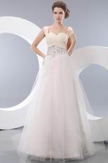 Wide Straps Floor Length Net Fabric Prom Dresses With Crystals
