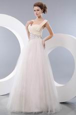 Wide Straps Floor Length Net Fabric Prom Dresses With Crystals