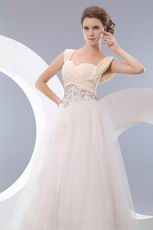 Wide Straps Floor Length Net Fabric Prom Dresses With Crystals