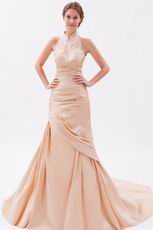 Halter Mermaid Chapel Peach Puff Prom Evening Dress With Appliques