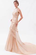 Halter Mermaid Chapel Peach Puff Prom Evening Dress With Appliques