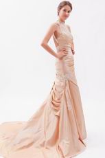 Halter Mermaid Chapel Peach Puff Prom Evening Dress With Appliques