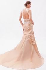 Halter Mermaid Chapel Peach Puff Prom Evening Dress With Appliques