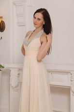 Halter Brush Train Baby Pink Chiffon Beaded Prom Dress 2014