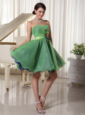 Green Cute Organza Cocktail Dress With Handmade Flower Waistline Unique