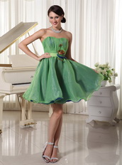 Green Cute Organza Cocktail Dress With Handmade Flower Waistline Unique