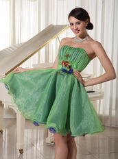 Green Cute Organza Cocktail Dress With Handmade Flower Waistline Unique