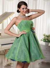 Green Cute Organza Cocktail Dress With Handmade Flower Waistline Unique