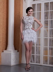 Scoop Neck Lace Bodice Cocktail Dress With Feather Mini Skirt Unique