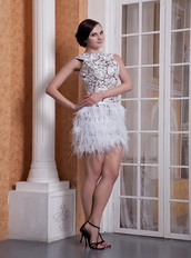 Scoop Neck Lace Bodice Cocktail Dress With Feather Mini Skirt Unique