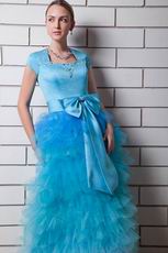 Short Sleeves Cascade Gradually Changing Blue Evening Gowns