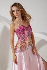 Unique Spaghetti Straps Colorful Sequin Pink Prom Dress With Split