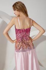 Unique Spaghetti Straps Colorful Sequin Pink Prom Dress With Split