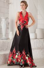 New Arrival Halter Skirt Prom Dress Red and Black Printed Flowers