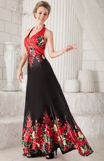 New Arrival Halter Skirt Prom Dress Red and Black Printed Flowers