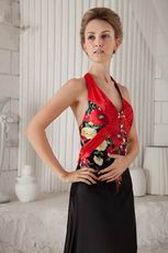 New Arrival Halter Skirt Prom Dress Red and Black Printed Flowers