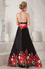 New Arrival Halter Skirt Prom Dress Red and Black Printed Flowers