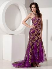 Purple Mermaid Evening Dress With Gold Applique Emberllish