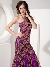 Purple Mermaid Evening Dress With Gold Applique Emberllish