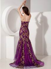 Purple Mermaid Evening Dress With Gold Applique Emberllish