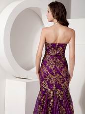 Purple Mermaid Evening Dress With Gold Applique Emberllish