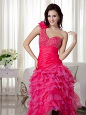 One Shoulder High Low Style Skirt Hot Pink Evening Dress