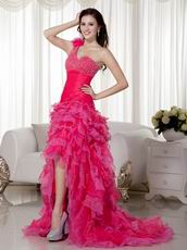 One Shoulder High Low Style Skirt Hot Pink Evening Dress