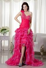 One Shoulder High Low Style Skirt Hot Pink Evening Dress