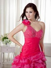 One Shoulder High Low Style Skirt Hot Pink Evening Dress