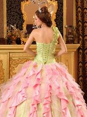 One Shoulder Interphase Pink Ruffles Skirt Quinceanera Dress