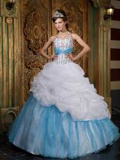 Halter Top White and Blue Quince Dress With Beading Decorate