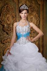 Halter Top White and Blue Quince Dress With Beading Decorate